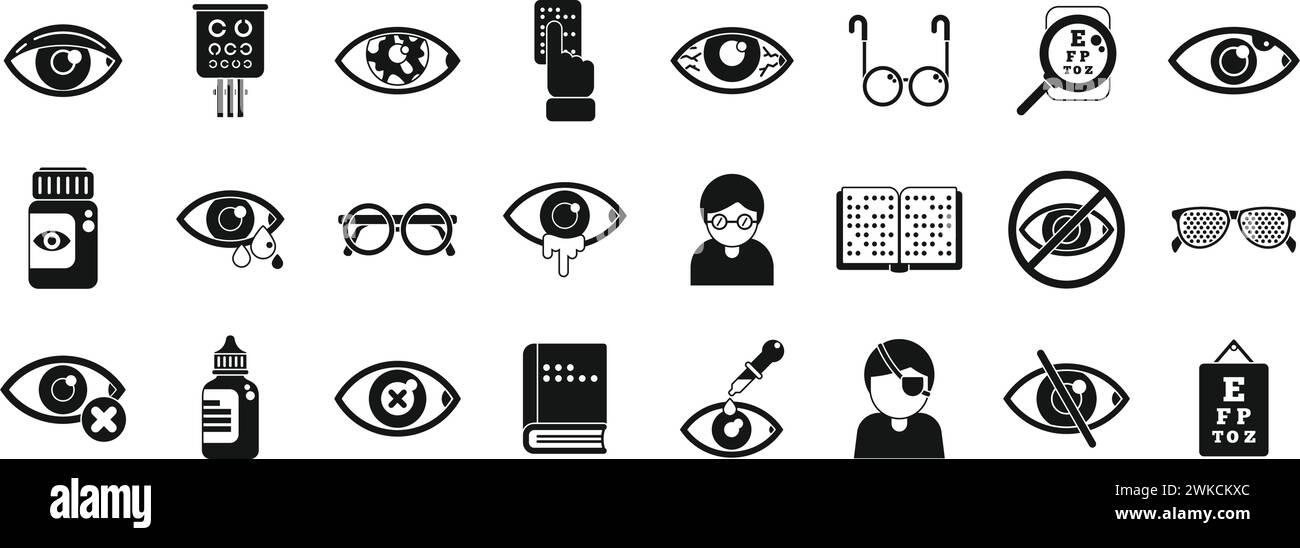 Symbole für Sehbehinderungen legen einen einfachen Vektor fest. blindschrift. Leser-Mensch-Stock Stock Vektor