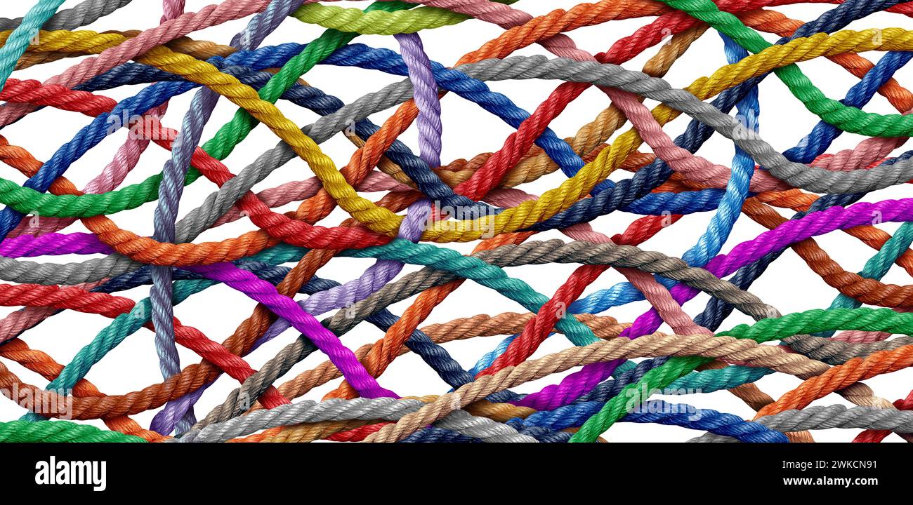 Komplizierte Verwicklungsverbindungen als sich überschneidende, vielfältige Seile stellen Herausforderungen im Geschäft und im Leben dar. Stockfoto