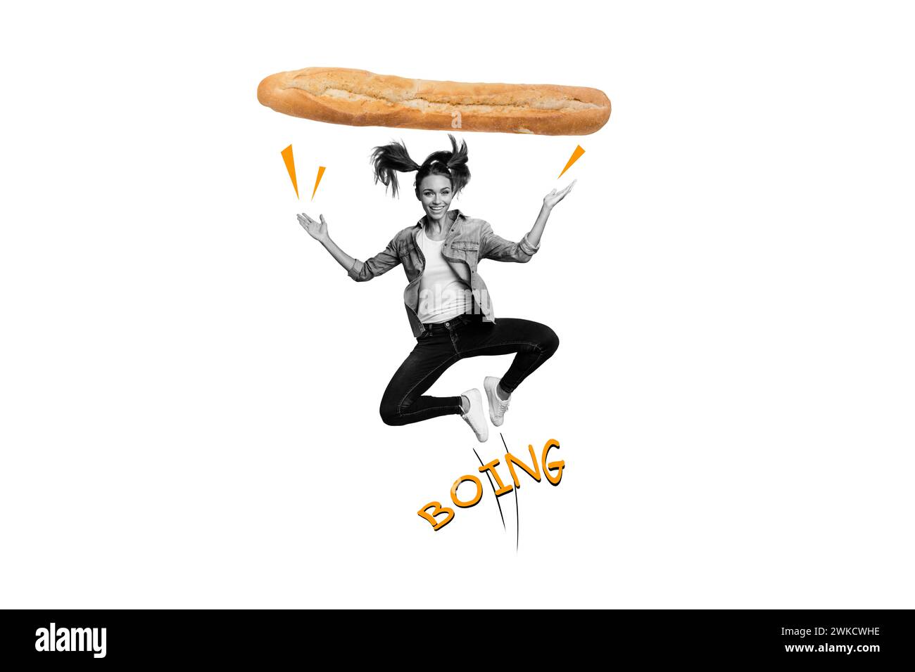Composite Collage Bild von Mini schwarz weiß Farben fröhlich aufgeregt Mädchen springt fliegenden Boing große frische französisch Baguette Stockfoto