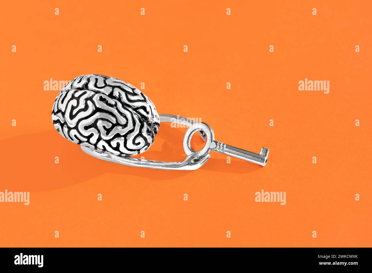 Das menschliche Gehirn hält einen Hauptschlüssel in den Händen vor einem orangen Hintergrund. Intellekt, Kreativität, Chancen ergreifen und potenzielles Erschließungskonzept Stockfoto