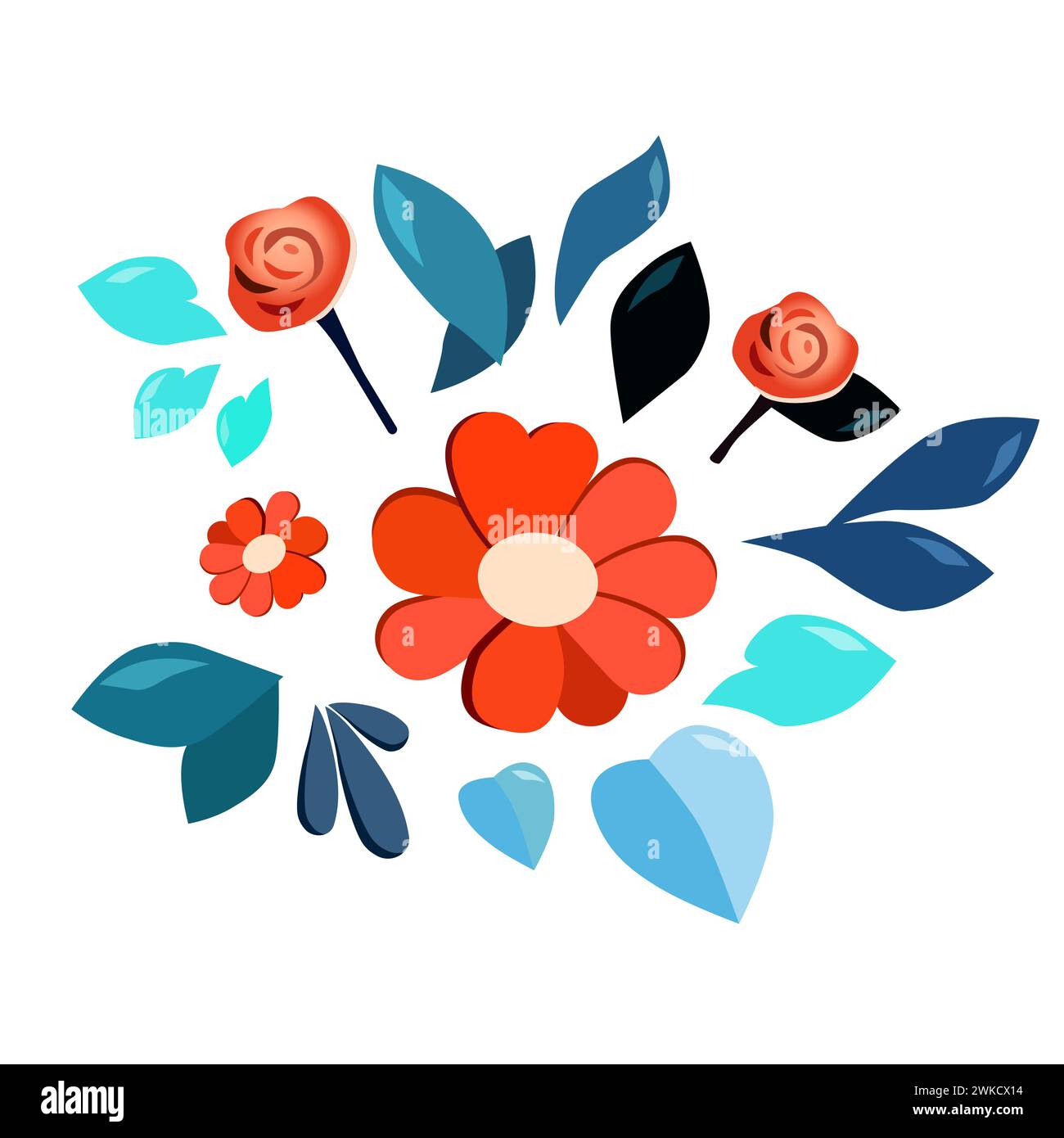 Einfache Vektoren handgezeichnete Blumen und Blatt. Rot-blaue Pflanzen in flacher Form. Isolierte Illustration für Logo-Design, Flyer, Banner, Poster, Kalender, GREE Stock Vektor