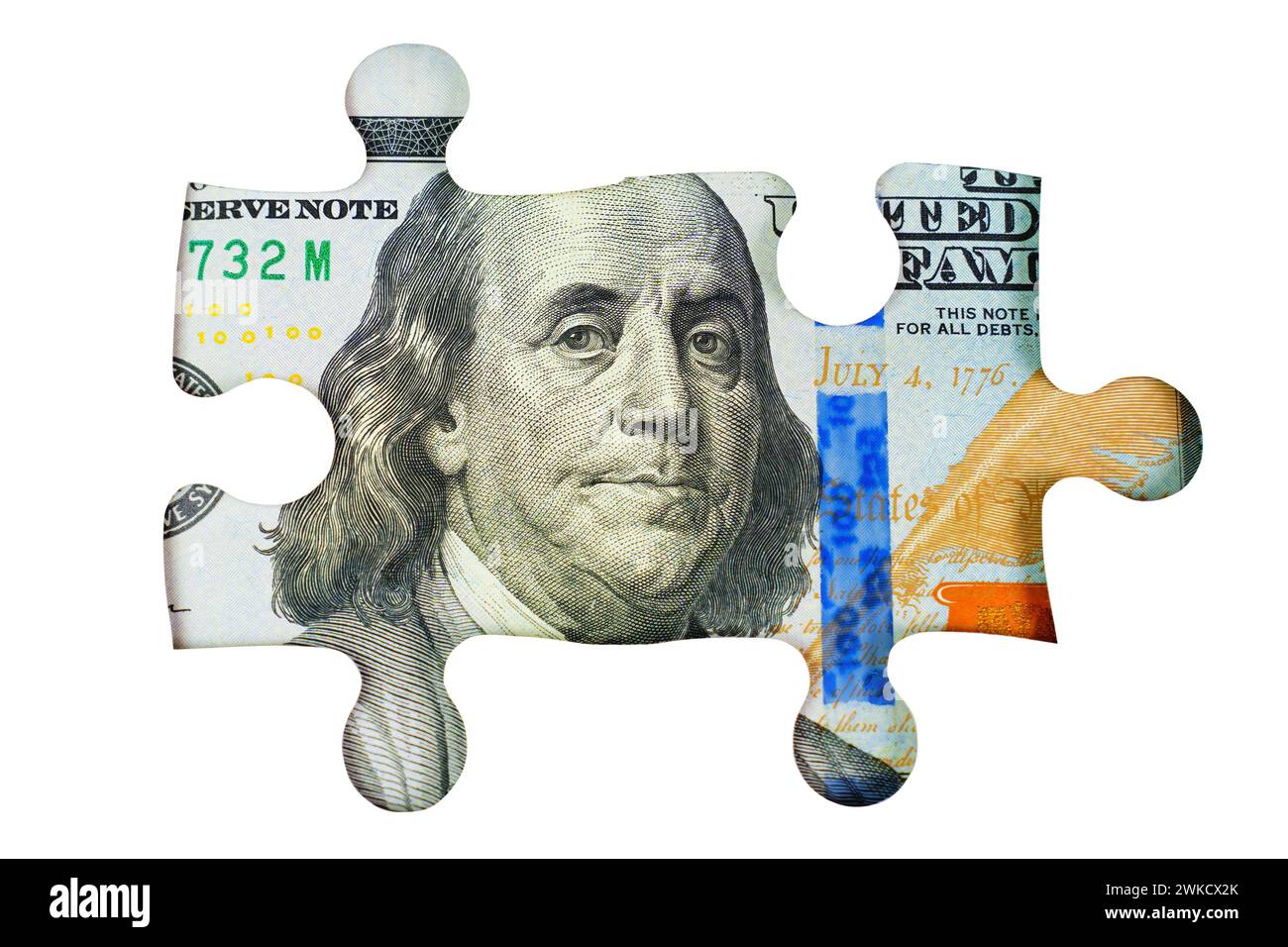 Weißer Hintergrund mit einem Puzzleteil, das ein Porträt von Benjamin Franklin von einem US-Dollar-Schein zeigt. Finanzplanung und Investitionskonzept. Stockfoto