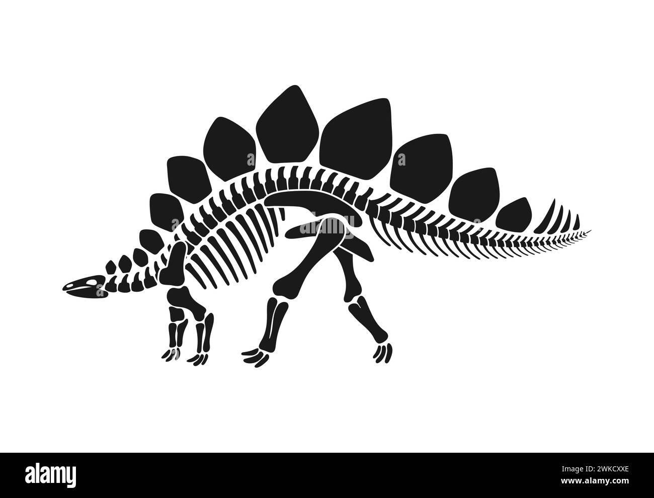 Isolierte Stegosaurus Dinosaurier Skelett Fossil, Dino Knochen schwarze Vektor Silhouette mit verschiedenen Platten und Stachelschwanz. Herbivore prähistorische Kreaturanatomie für pädagogische paläontologische Materialien Stock Vektor