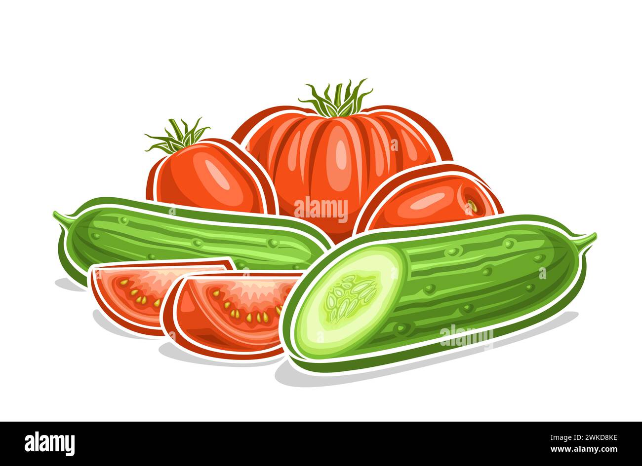 Vektor-Logo für Gurke und Tomate, dekoratives horizontales Poster mit Umrissillustration der Tomaten-Gurken-Zusammensetzung, Cartoon-Design Gemüse p Stock Vektor