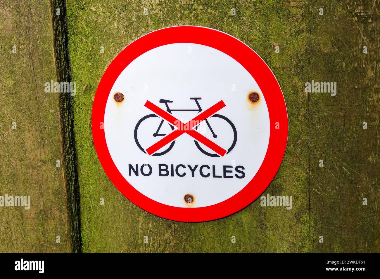 Ein rundes Warnschild mit der Aufschrift „keine Fahrräder“ Stockfoto