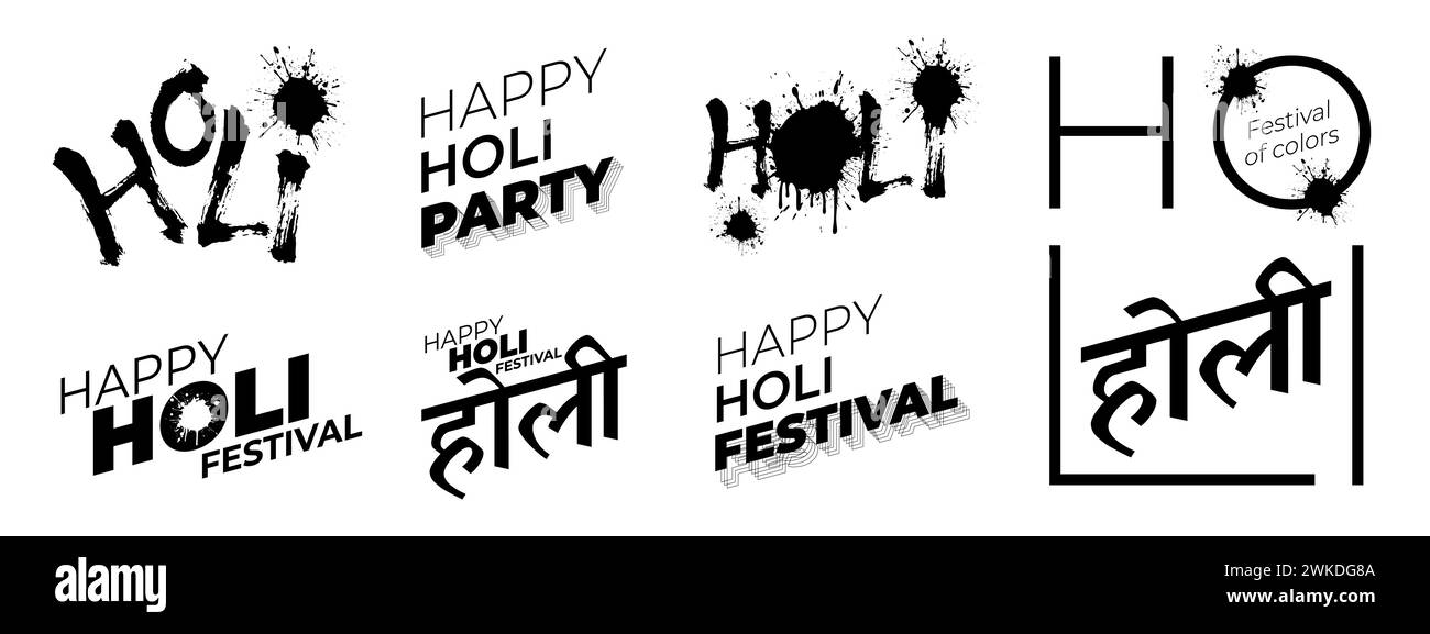 Happy Holi Festival of Colors Logo-Set. Logotypensammlung für Pinseltinten. Indische Festworte auf weißem Hintergrund. Indien traditionelles Feiertagsvektor-EPS-Zeichen. Hinduistische Textübersetzung Holi Stock Vektor