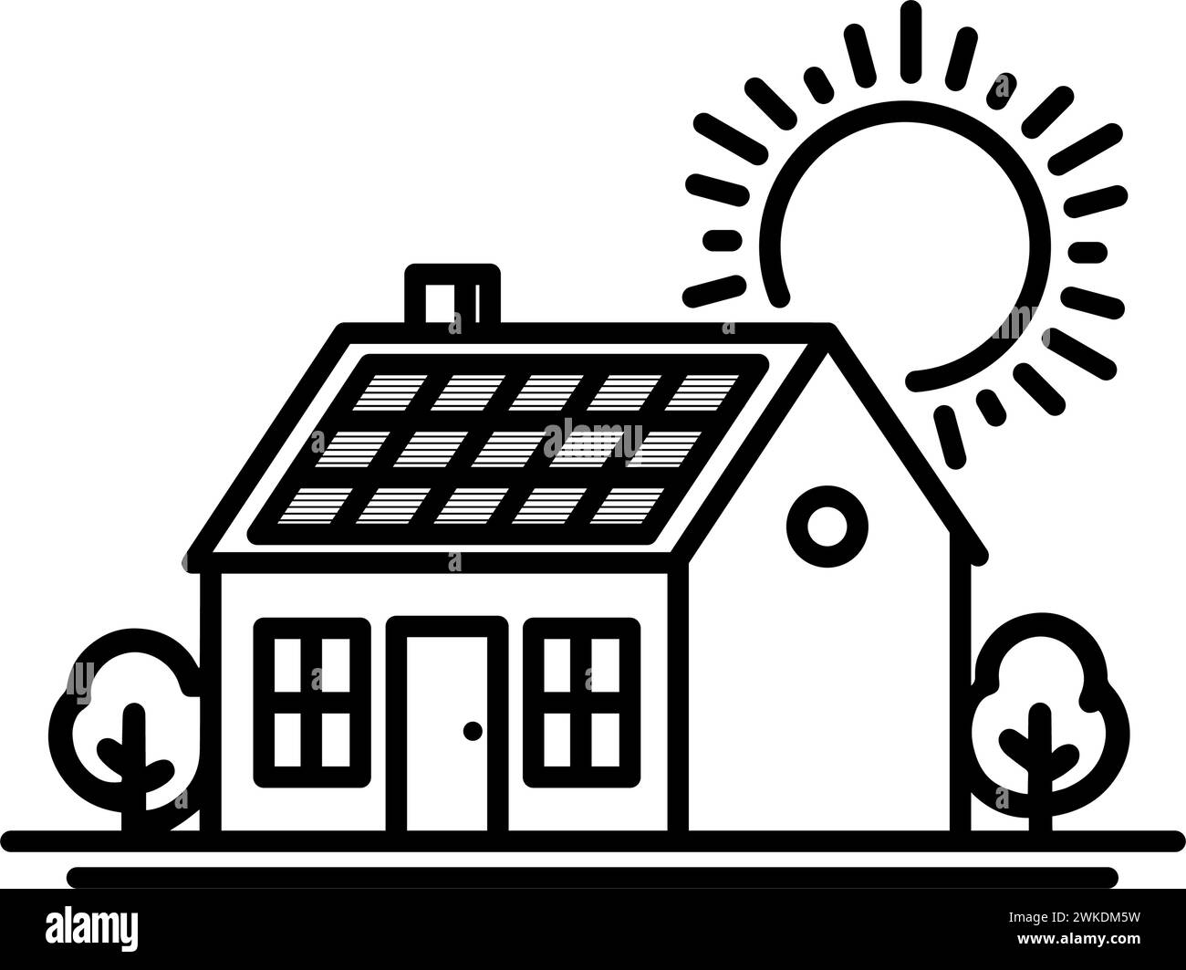 Symbol für Solarenergie des Hauses. Dach mit Solarpaneelen. Vektorgrafik umreißen Stock Vektor