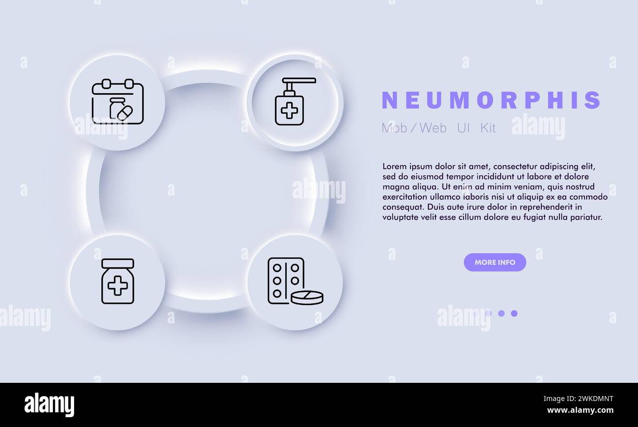 Symbol für Wiederherstellungslinie. Gesundheitswesen, Technologie, Innovation, Heilung, Blase, Tablets, Kalender, Flüssigseife, plus. Neomorphismusstil. Symbol für Vektorlinie fo Stock Vektor