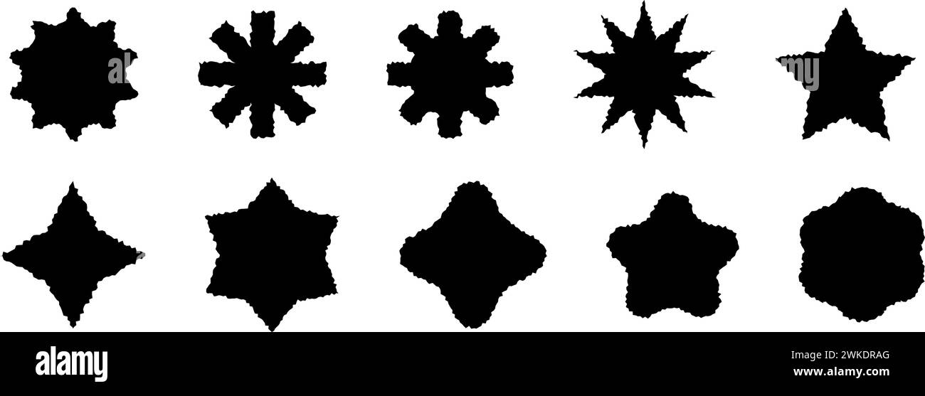 Sternförmige Silhouetten mit einer rauen, zerklüfteten Kante. Set mit Grunge-Elementen für Collage, Aufkleber. Schwarze Symbole. Sternblume. Vektorabbildung. Stock Vektor