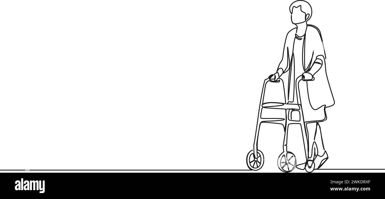 Kontinuierliche Einzeilenzeichnung einer älteren Frau, die mit einem Rollator läuft, Linienkunstvektorillustration Stock Vektor