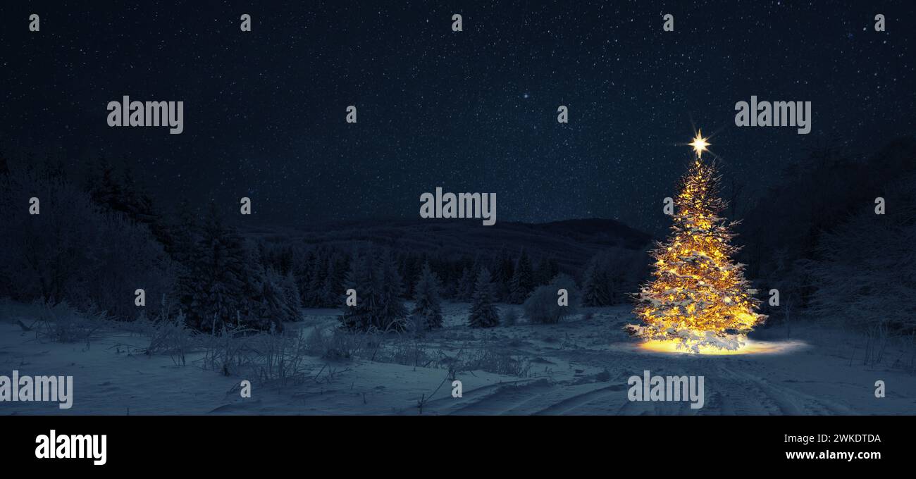 Wunderbarer Weihnachtsbaum mit Lichtern und einem magischen Stern steht auf einem verschneiten Feld mit einem Wald bei Nacht. Silvester- und Heiligabend-Karte Stockfoto