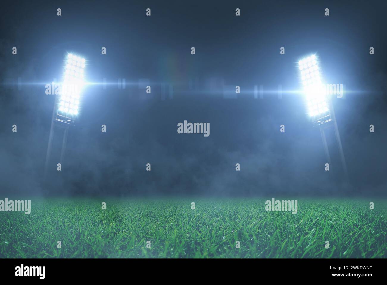 Fußballstadion mit grünem Rasen mit strahlenden Scheinwerfern bei Nacht und Nebel. Freier Platz für Design und Text. Kreative Wetten Stockfoto