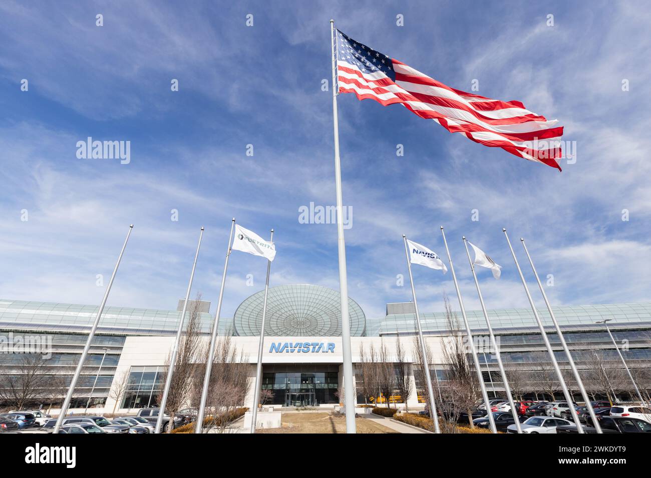 Navistar ist ein US-amerikanisches Unternehmen und Eigentümer von Lkws und Motoren der Marke International und produziert Busse unter der Marke IC Bus. Stockfoto