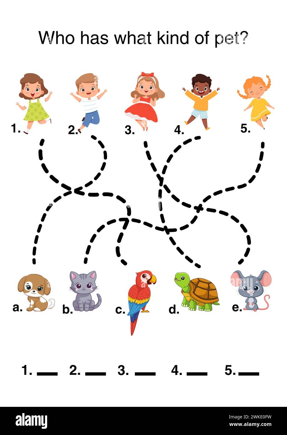 Bilderlabyrinth für Kinder: Wer ist wessen Haustier. Hilft bei der Entwicklung der Logik und der Feinmotorik von Kindern. Stockfoto