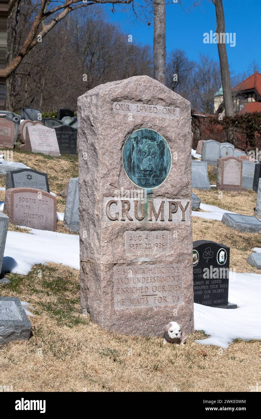 Ein alter hoher Grabstein mit Kunstwerken für Grumpy, einen Hund, der 1926 starb. Auf dem Hartsdale Canine Cemetery in Westchester, New York. Stockfoto