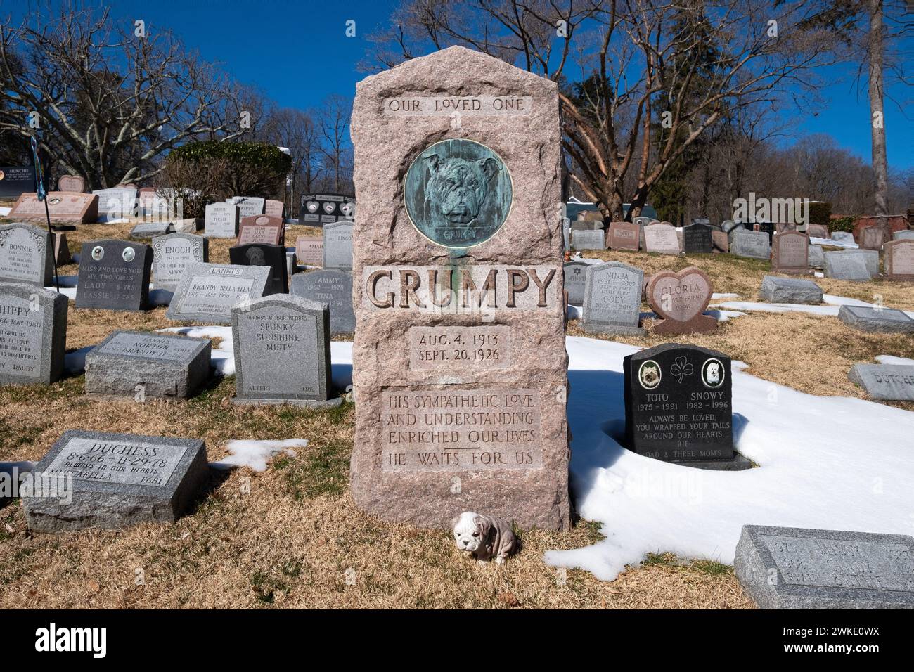 Ein alter hoher Grabstein mit Kunstwerken für Grumpy, einen Hund, der 1926 starb. Auf dem Hartsdale Canine Cemetery in Westchester, New York. Stockfoto