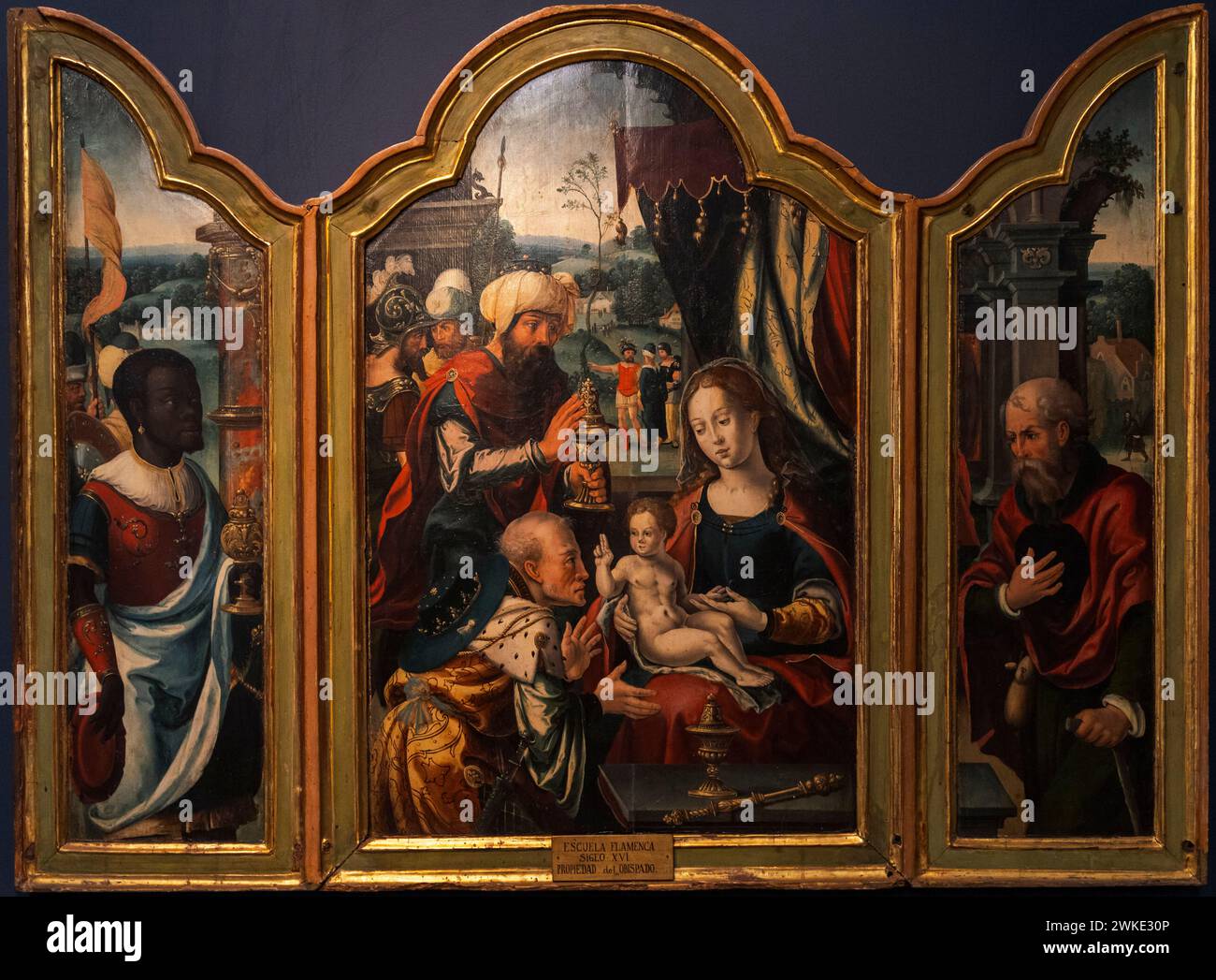 Triptychon der Erleuchtung, Kreis von Pieter Coecke Van Aelst, 1540, Öl auf Leinwand, Vitoria-Gasteiz Museum für sakrale Kunst, Álava Inmaculada Kathedrale, María, Spanien. Stockfoto