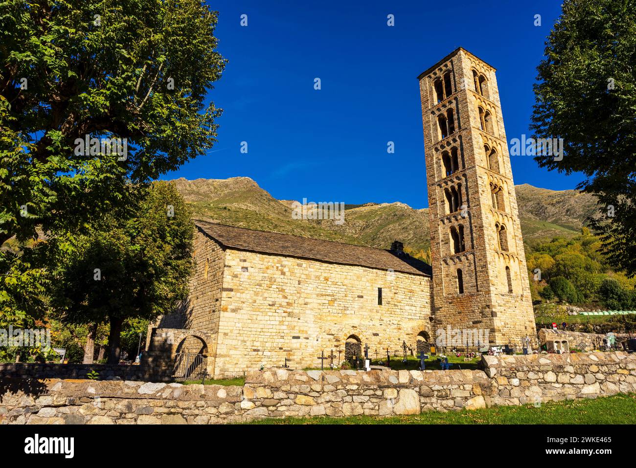 Sant Climent de Taüll, Bohí-Tal (La Vall de Boí) katalanische Region Alta Ribagorza, Provinz Lérida, Spanien. Stockfoto