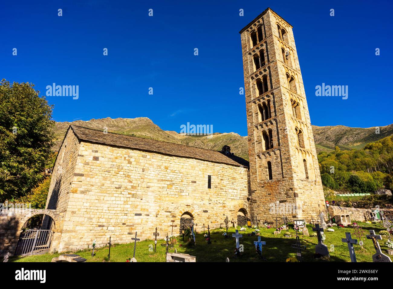 Sant Climent de Taüll, Bohí-Tal (La Vall de Boí) katalanische Region Alta Ribagorza, Provinz Lérida, Spanien. Stockfoto