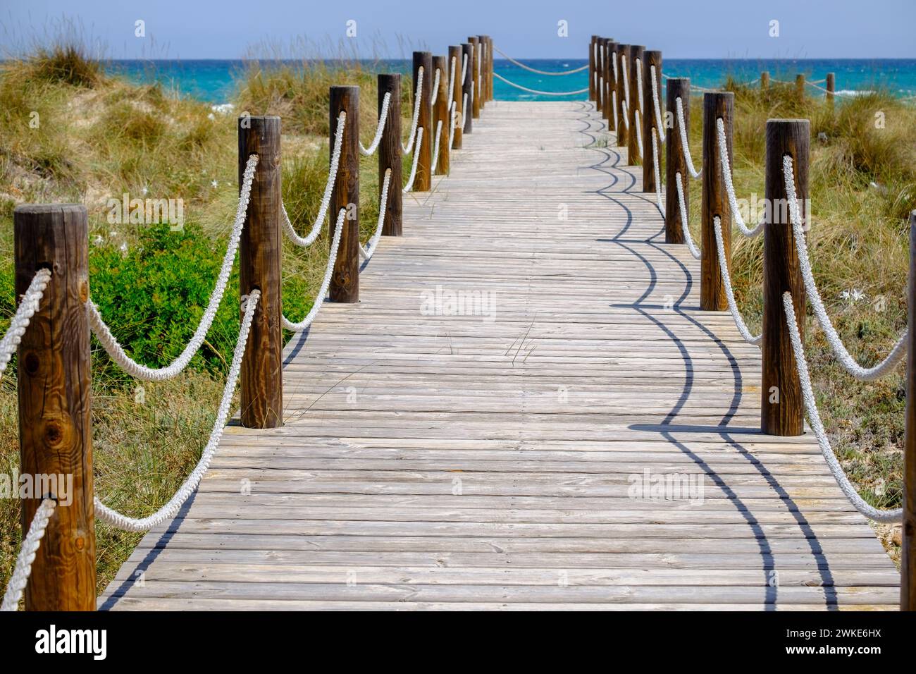 Pasarelas de Madera sobre las Dunas, Son Serra de Marina, Mallorca, Balearen, Spanien. Stockfoto