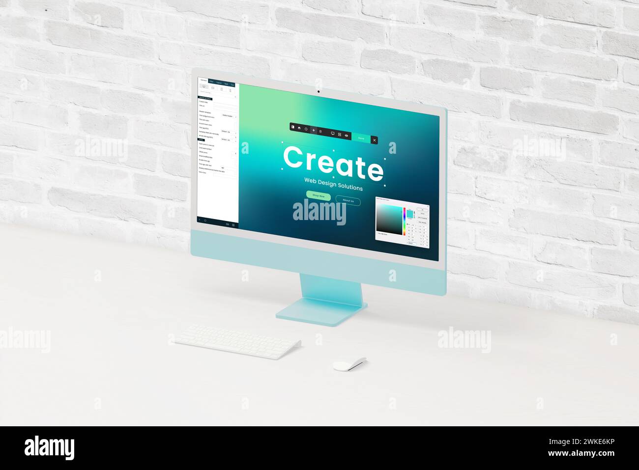 Der moderne Computerbildschirm zeigt die Benutzeroberfläche des Online-Erstellers von Websites mit Editor und Farbpalette an und ermöglicht so eine einfache Anpassung und Designflexibilität Stockfoto