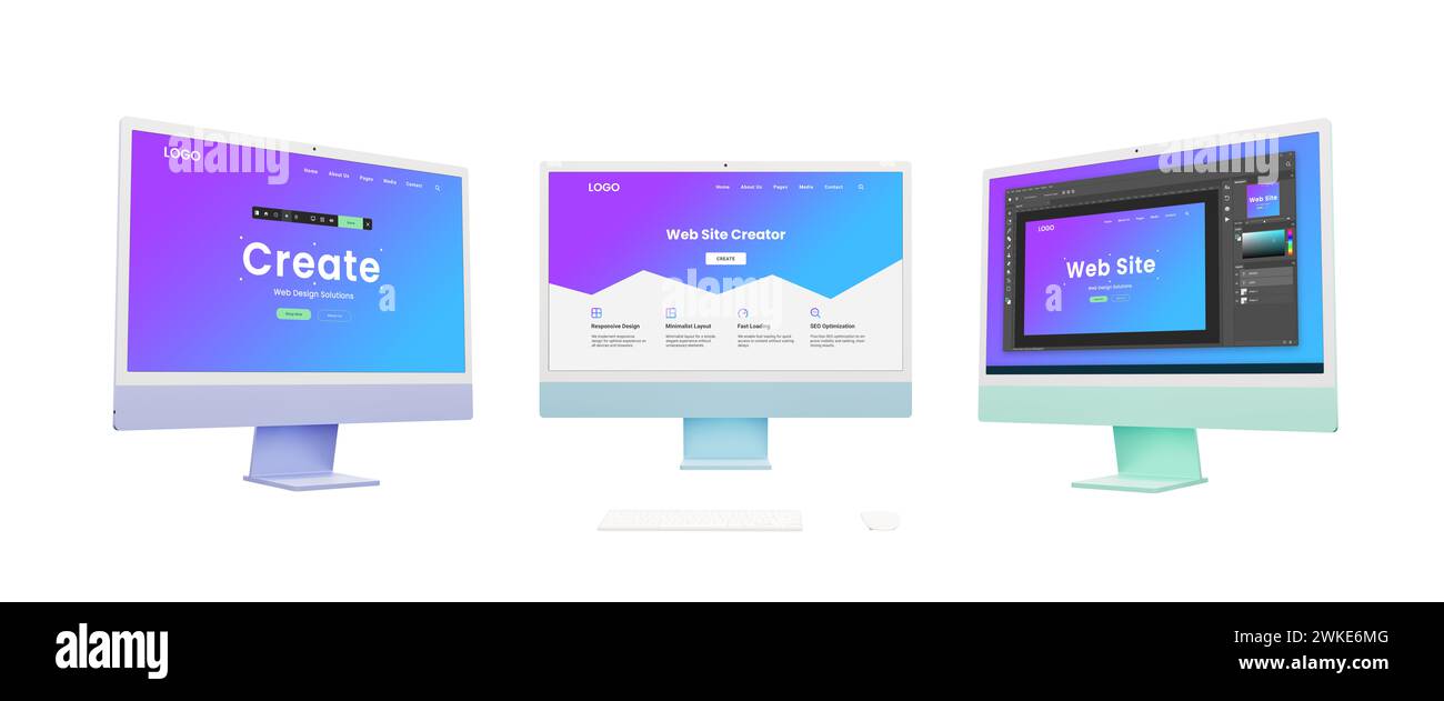Drei Computerdisplays zeigen Tools zur Erstellung von Webdesign und Schnittstellenkonzepten und bieten einen Einblick in moderne Workflows und Techniken im digitalen Design Stockfoto