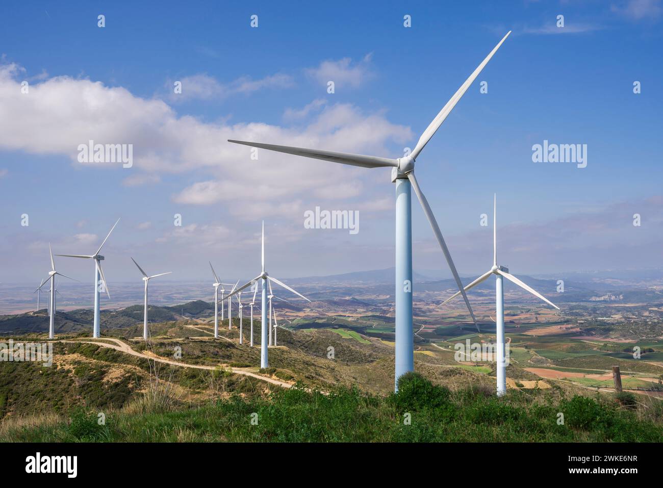 Windpark San Esteban, Barasoain, Valdorba Mountains, Navarra, Spanien. Stockfoto