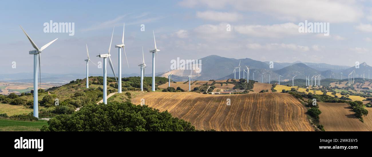Windpark San Esteban, Barasoain, Valdorba Mountains, Navarra, Spanien. Stockfoto