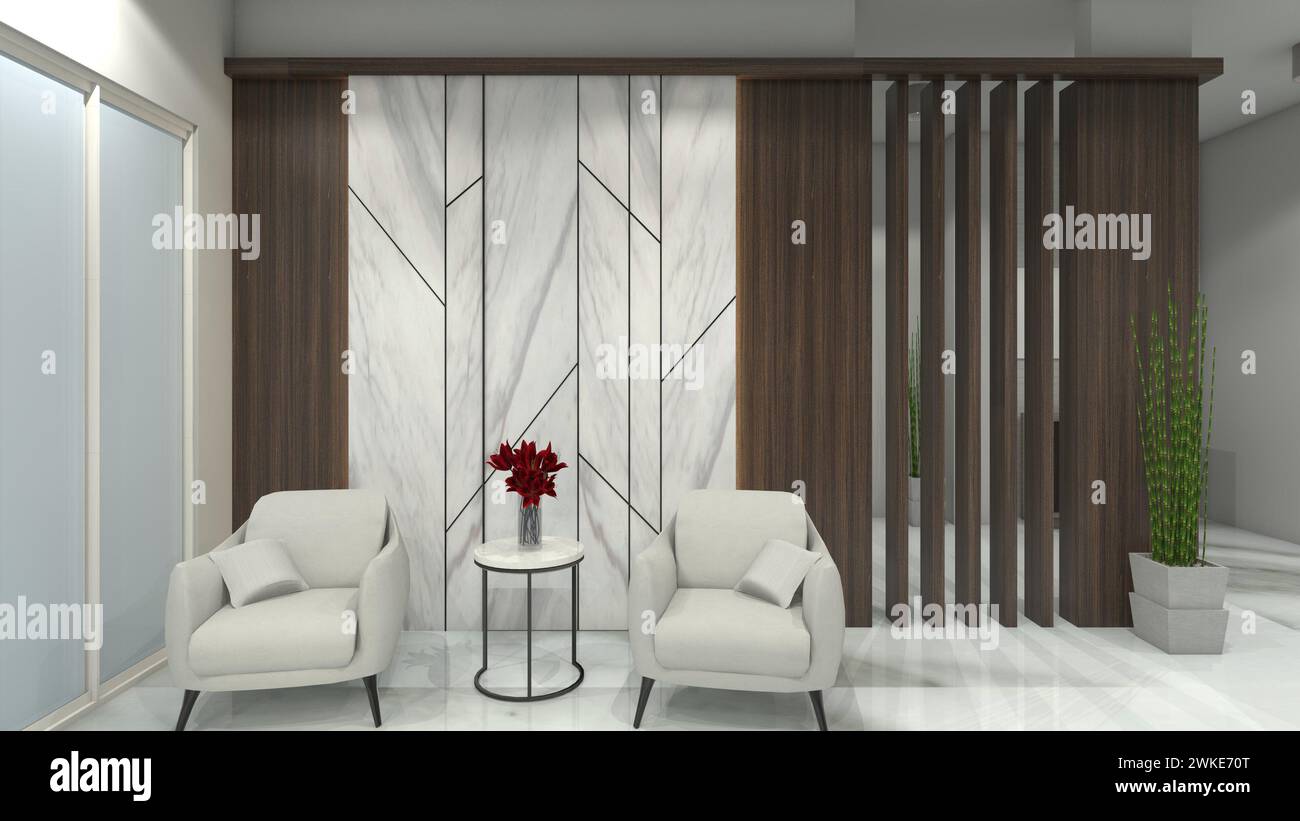 Wartesitz Lobby Design mit minimalistischem Sessel und Wandhintergrund Stockfoto