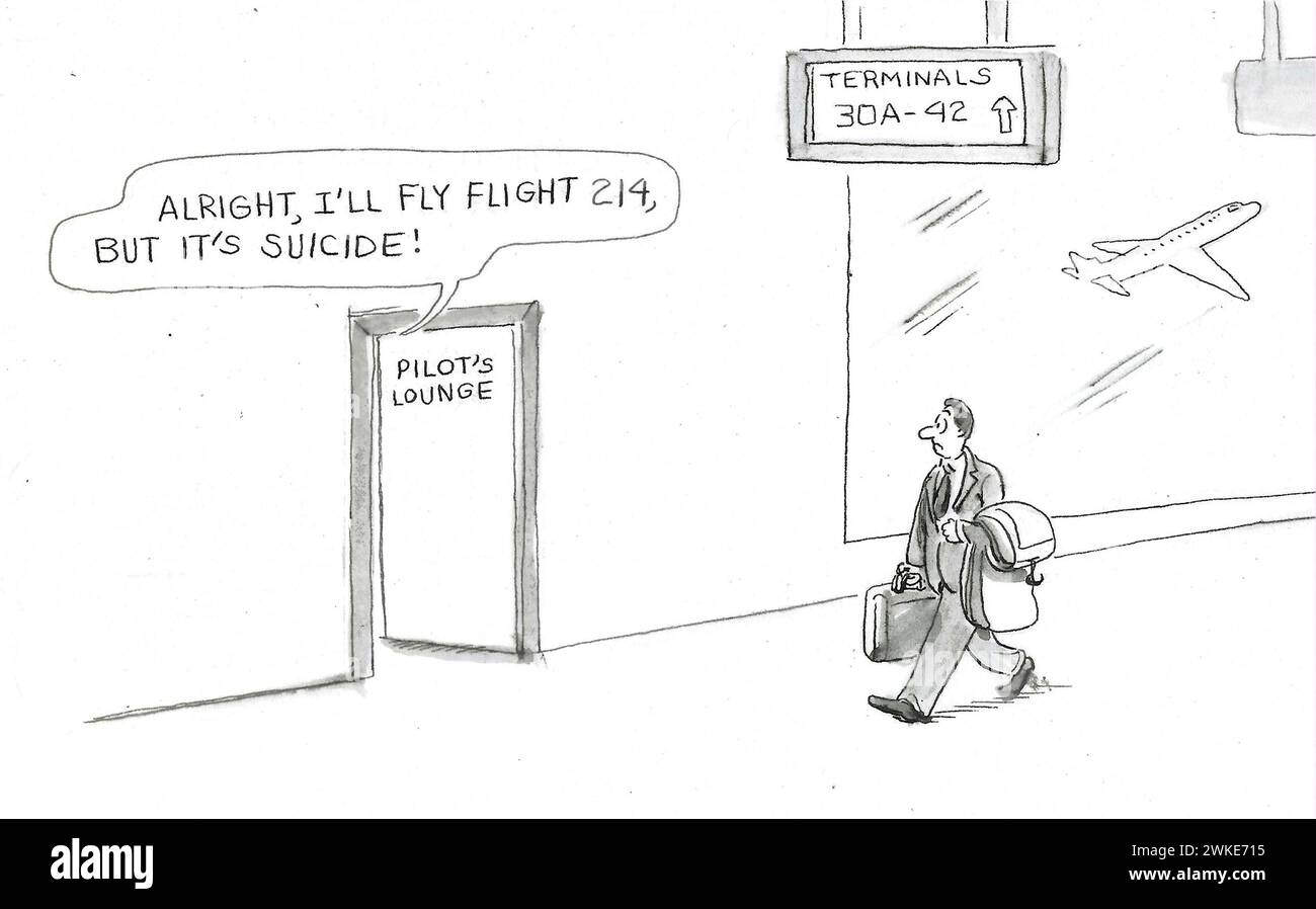 BW-Cartoon eines männlichen Passagiers, der einen Piloten hört, der sagt, sein Flugzeug zu fliegen, wäre "Selbstmord". Stockfoto