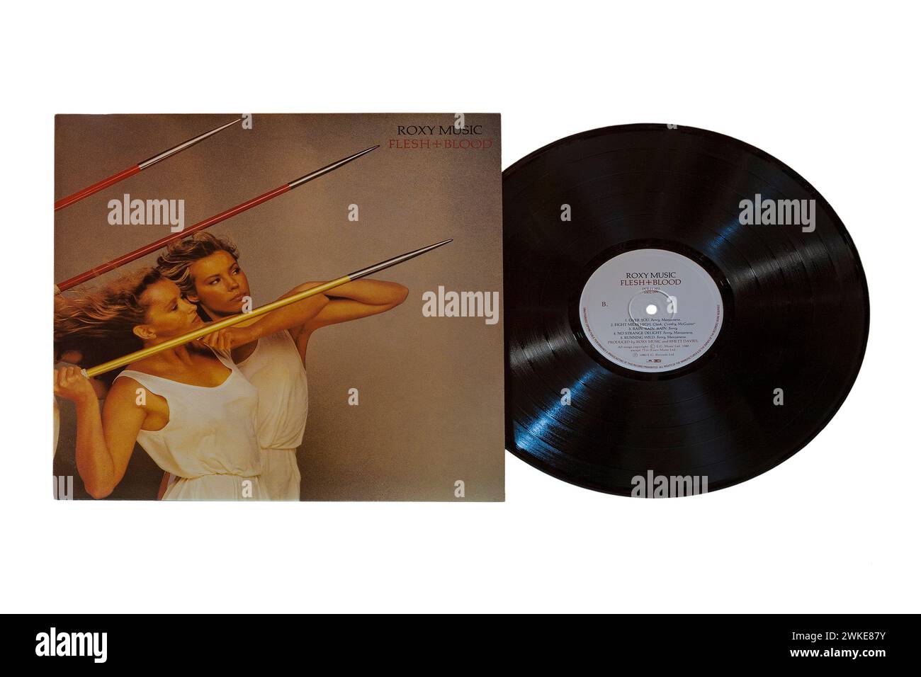 Roxy Music Flesh + Blood, Flesh and Blood, Vinyl-Album-Cover isoliert auf weißem Hintergrund - 1980 Stockfoto