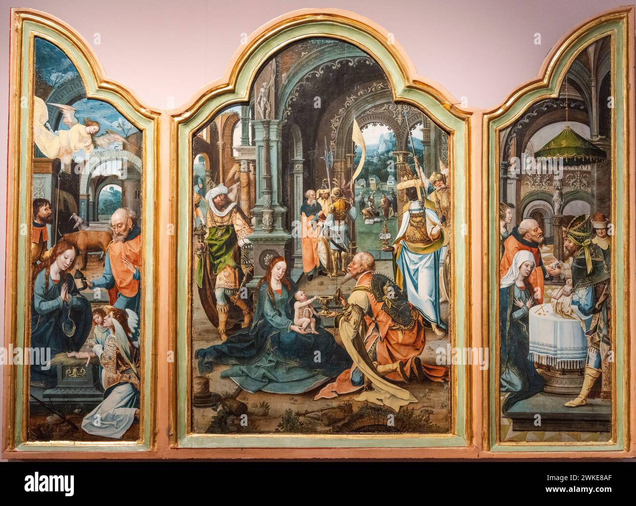 Triptychon der Epiphanie, Geburt und Präsentation, Jan Van Dornicke, 15. Jahrhundert, Öl auf Platte, San Millan de Villamaderne, Vitoria, Kathedrale María Inmaculada, Álava, Spanien. Stockfoto