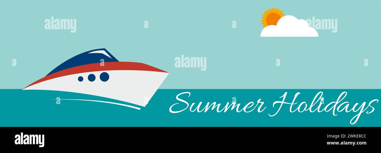 Abfahrt für Sommerferien auf dem Meer mit dem Schnellboot. Vektorbanner in Blau mit Text Stock Vektor