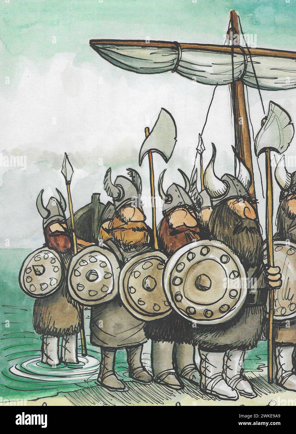 Farbige Cartoon-Illustration einer Gruppe von Wikingersoldaten, die gerade am Ufer gelandet sind und bereit für die Schlacht sind. Stockfoto