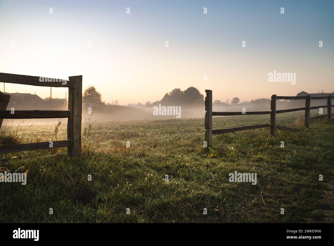 Morgenlandschaft bei Sonnenaufgang. Ein Feld mit grünem Gras ist mit Nebel bedeckt. Im Vordergrund ein Holzzaun Stockfoto