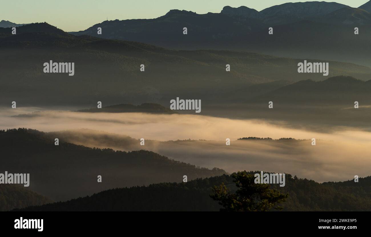 Morgennebel über dem Roncal-Tal, von Alto de Coronas, Navarra, Spanien. Stockfoto