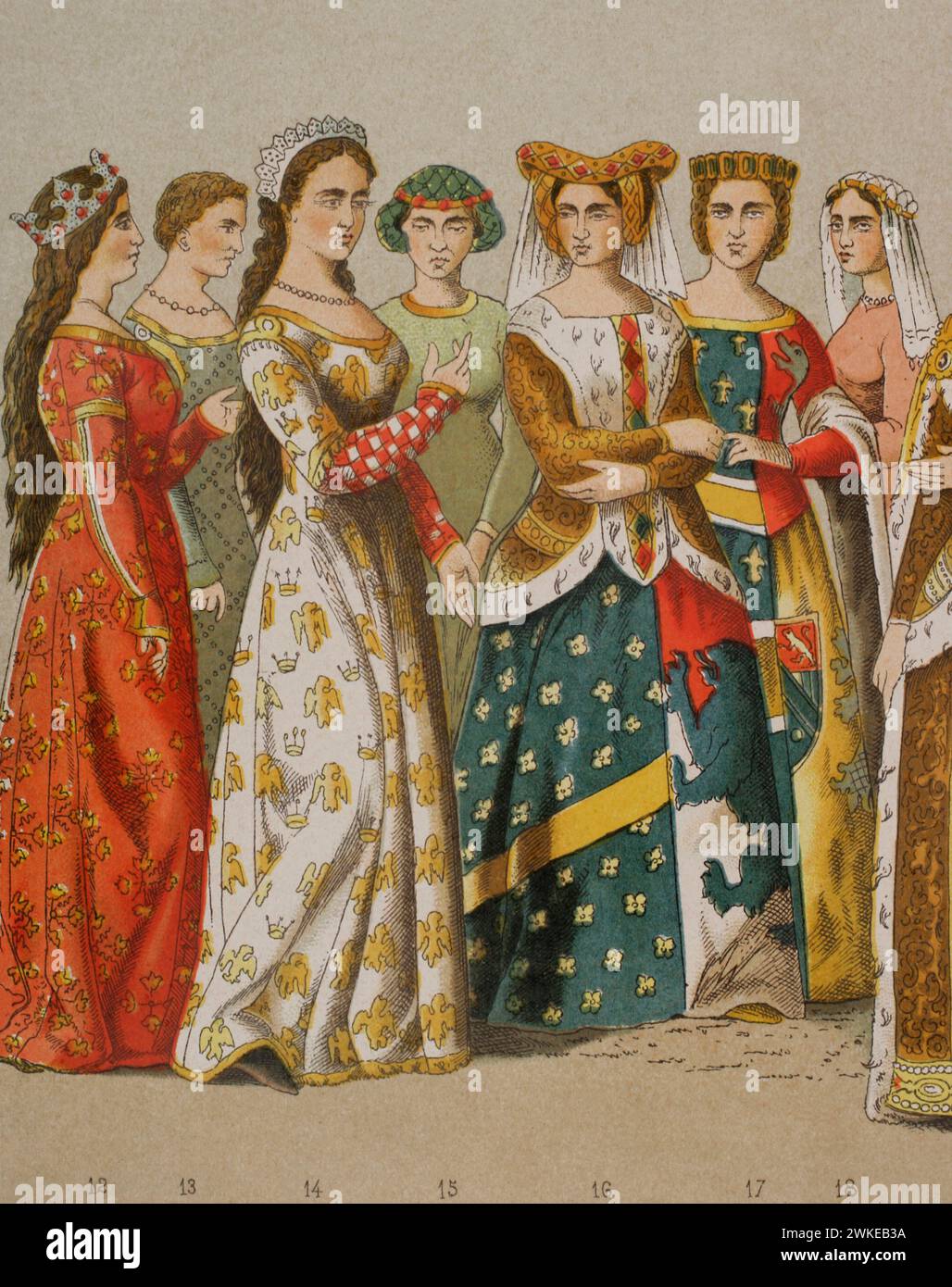 Geschichte Frankreichs. 1300. Von links nach rechts, 12: Königin, 13-14-15-16: Dame, 17: prinzessin, 18: Lady. Chromolithographie. Details. "Historia Universal", von César Cantú. Band VI, 1885. Stockfoto