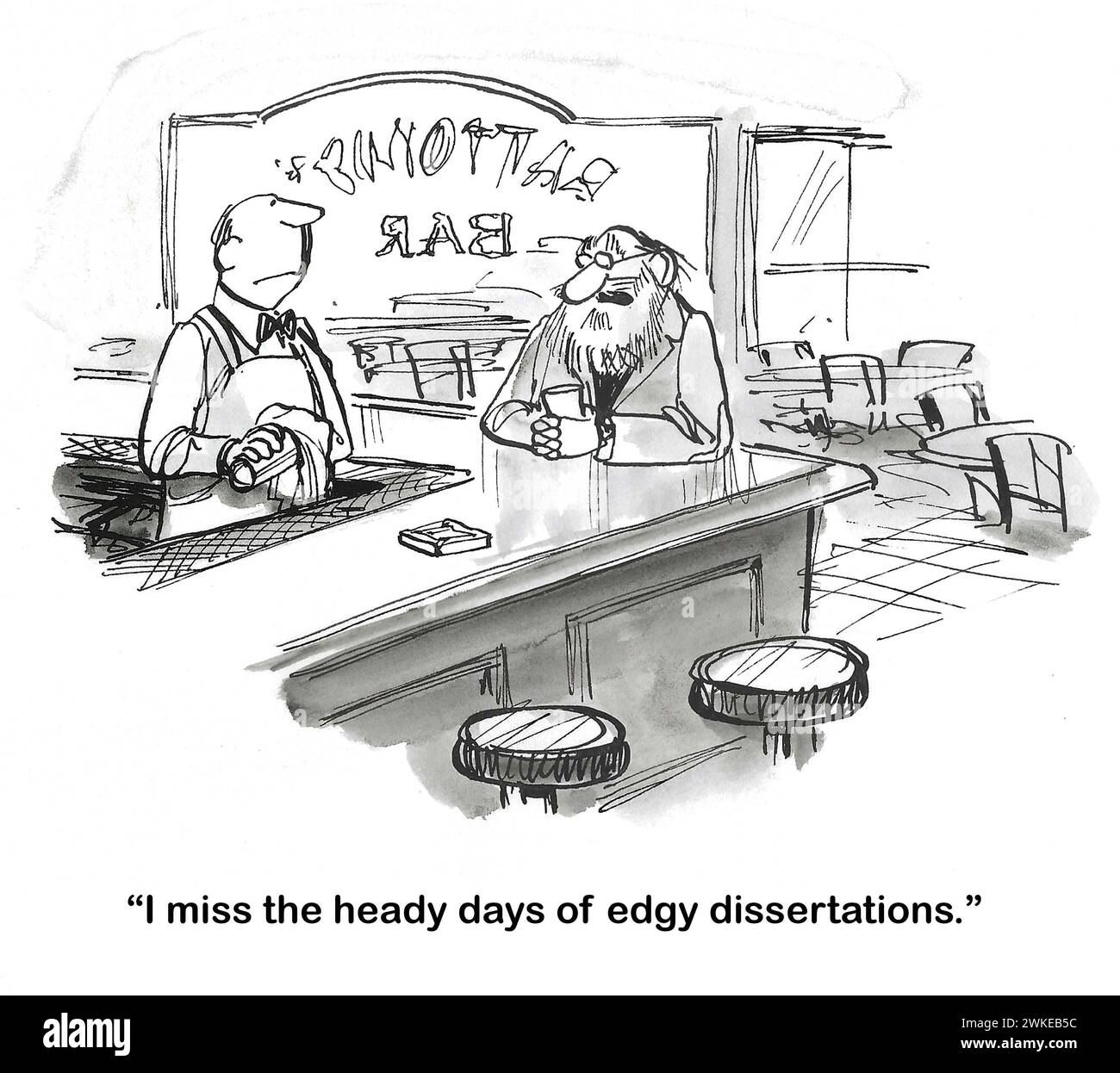 BW-Cartoon eines bärtigen männlichen Professors, der in einer Bar trinkt und sagt, er vermisse „scharfe Dissertationen“. Stockfoto