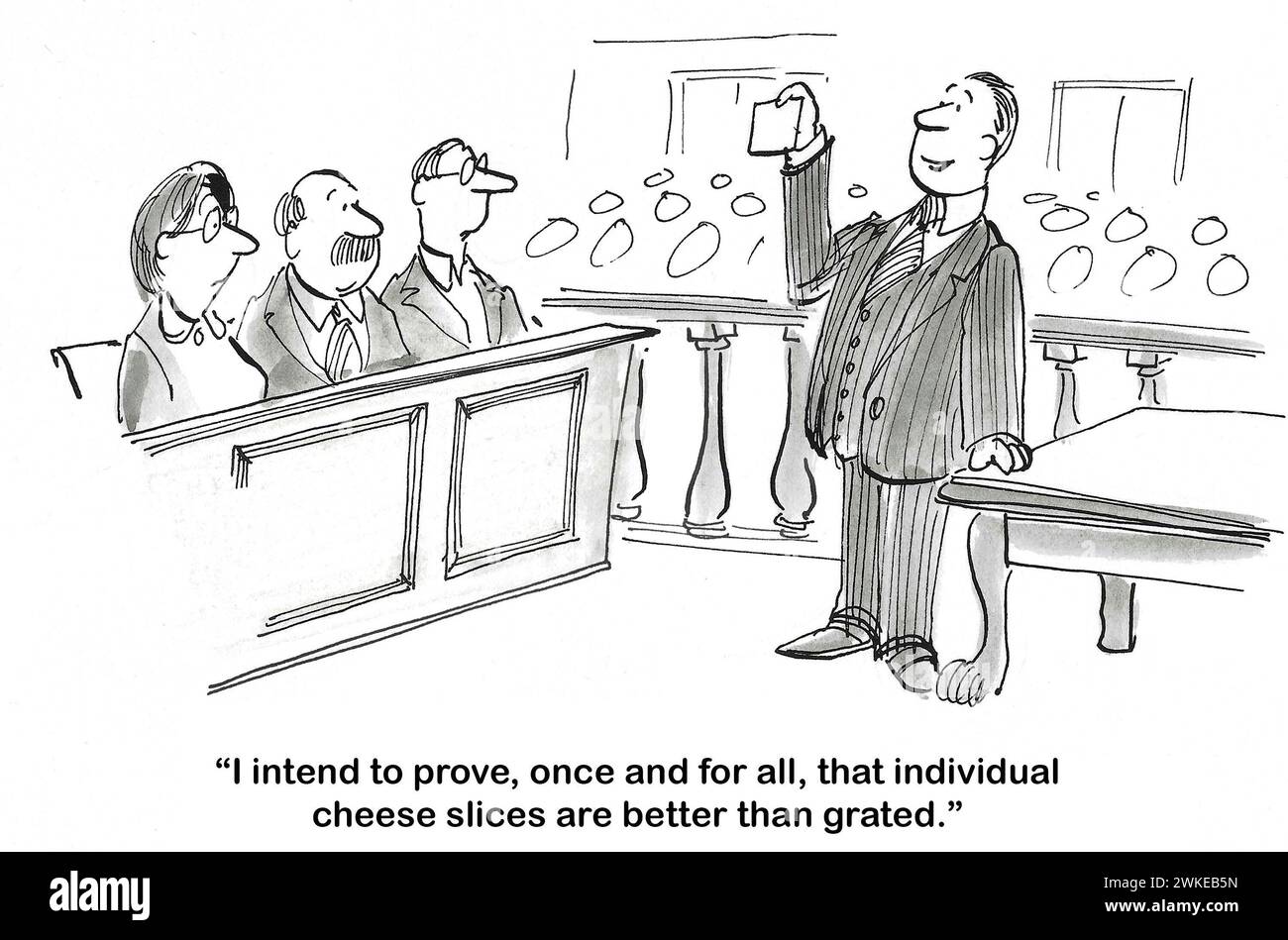 BW Cartoon eines Anwalts, der vor der Jury erklärt, dass er beweisen wird, dass Käsescheiben besser sind als geriebener Käse. Stockfoto