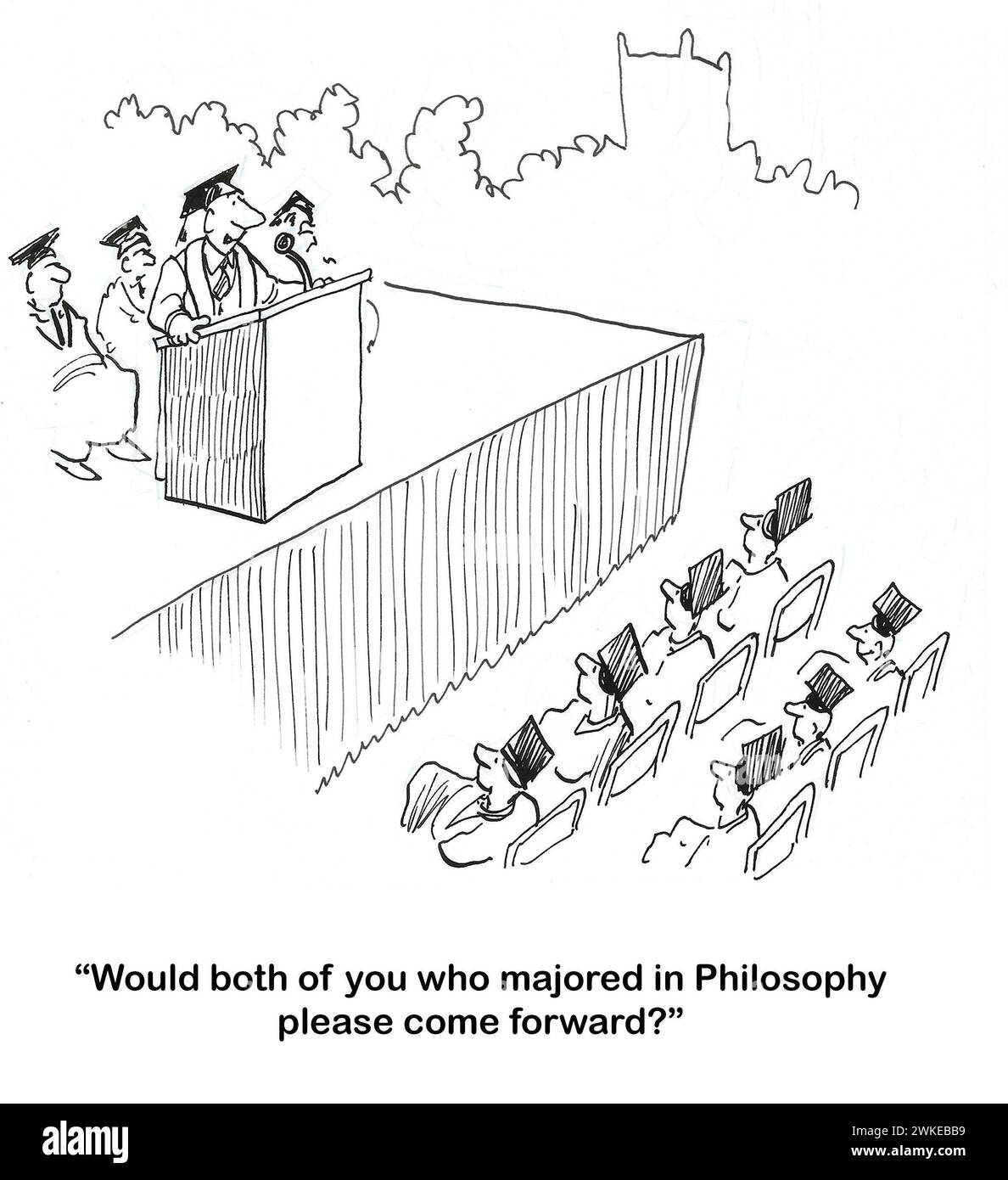 BW-Cartoon einer Abschlussfeier. Die Dekane bitten die beiden Studenten, die Philosophie studiert haben, sich zu melden. Stockfoto