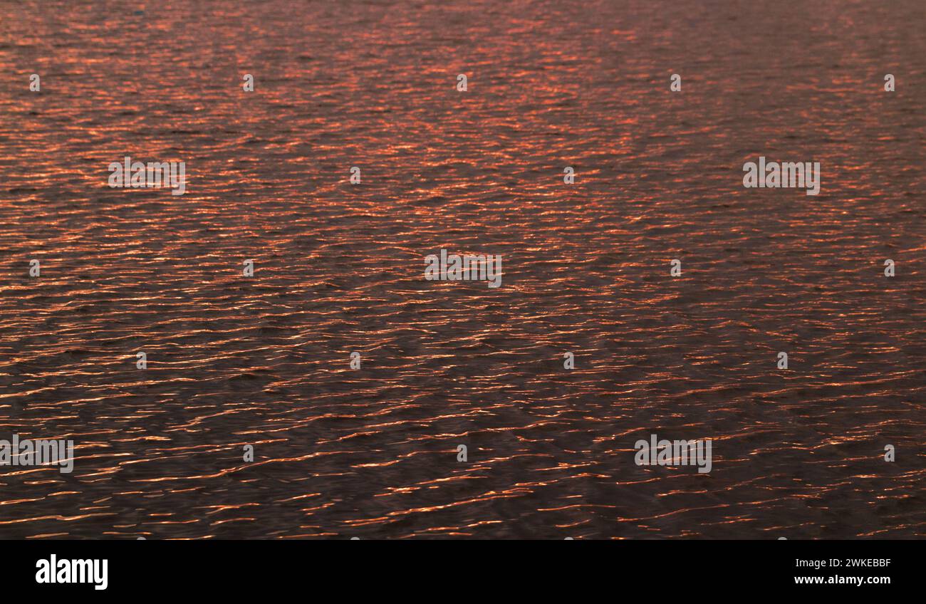 Wasseroberfläche im Licht der orange untergehenden Sonne. Stockfoto