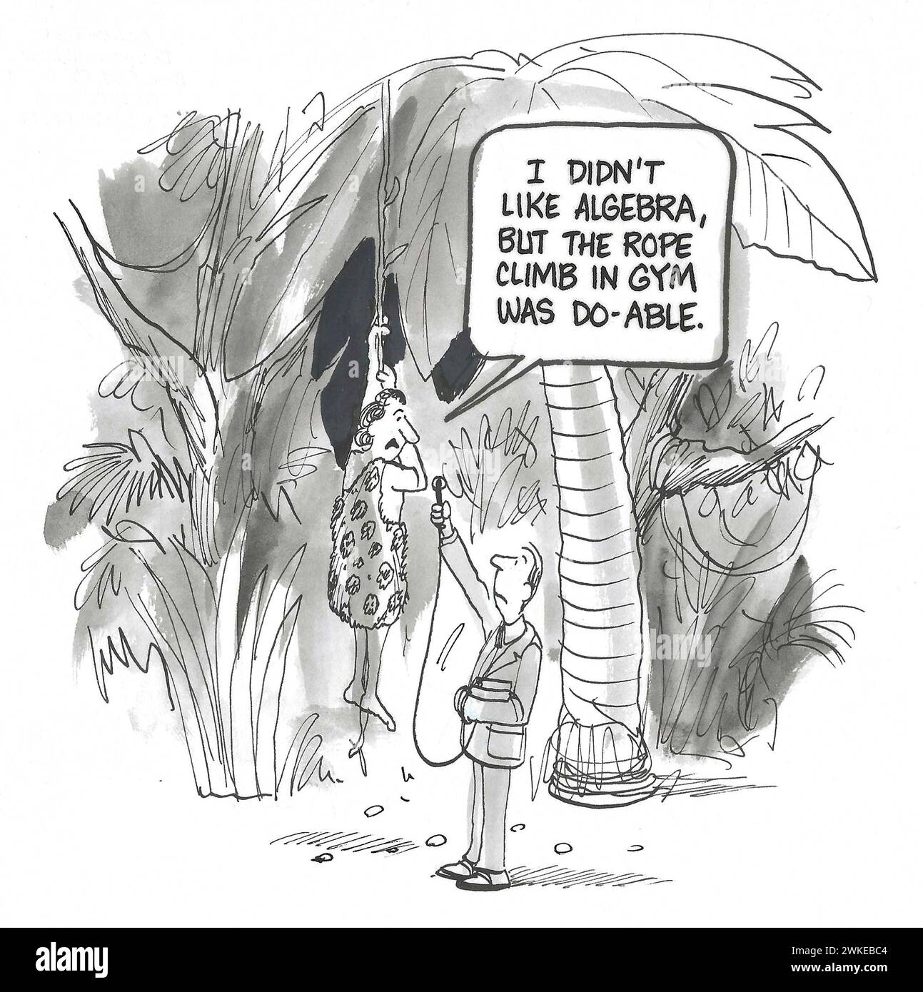 BW-Cartoon eines Nachrichtenreporters im Dschungel, der einen Maurermann interviewt. Der Mann schwingt an einem Seil - er mochte Seilklettern, aber keine Algebra in Hi Stockfoto