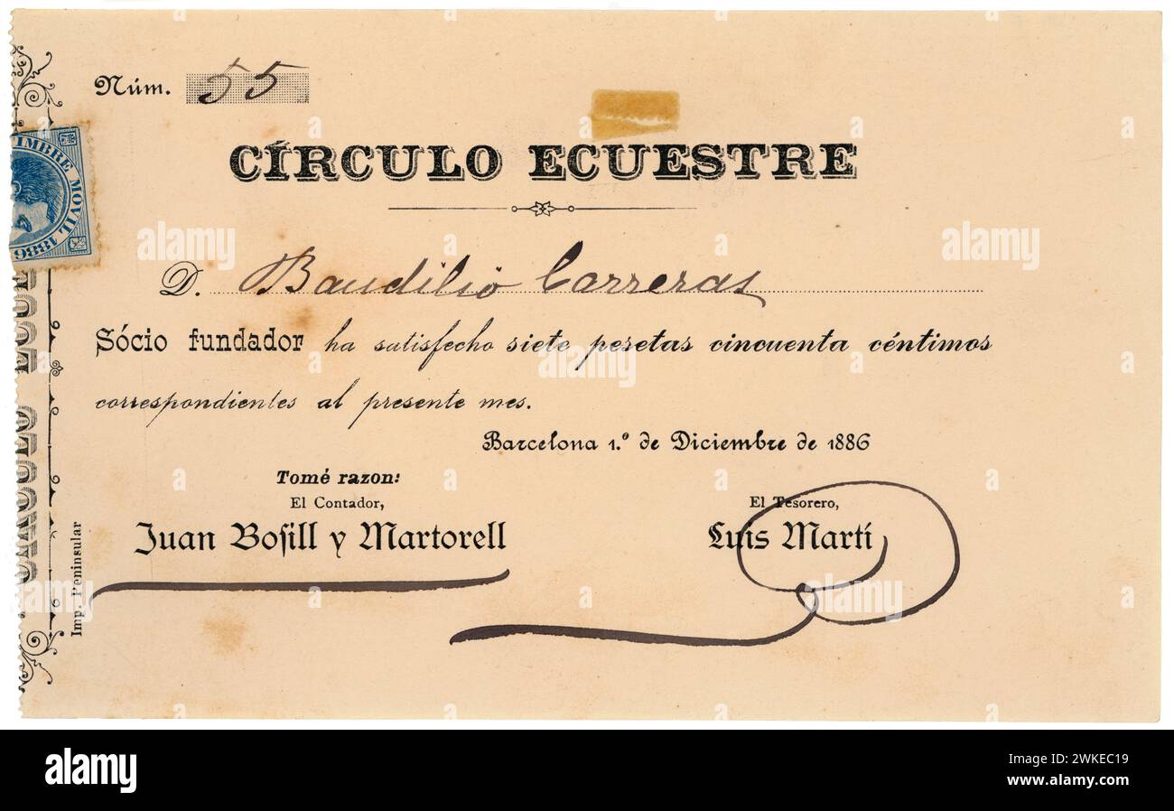 España. Barcelona. RECIBO de la cuota mensual como Socio fundador del Círculo Ecuestre, Año 1886. Stockfoto