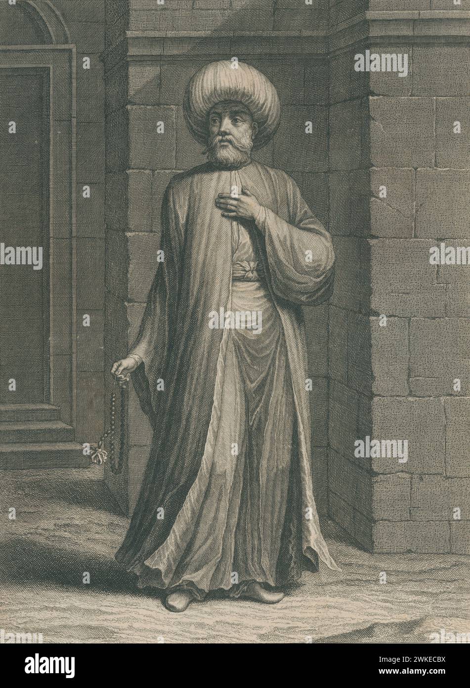 Imam, ministro religioso musulmán de una mezquita, Persona encargada de dirigir la oración colectiva. Grabado DE 1850. Stockfoto