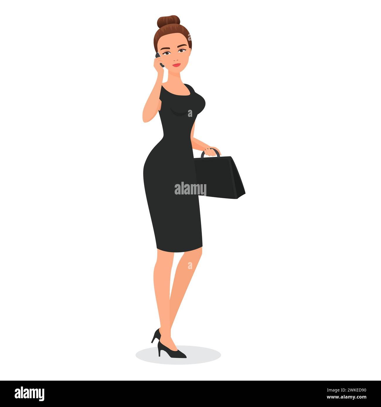Elegante Geschäftsfrau im schwarzen Kleid, die geht, stilvolle Geschäftsfrau, die auf Telefon-Vektor-Illustration spricht Stock Vektor
