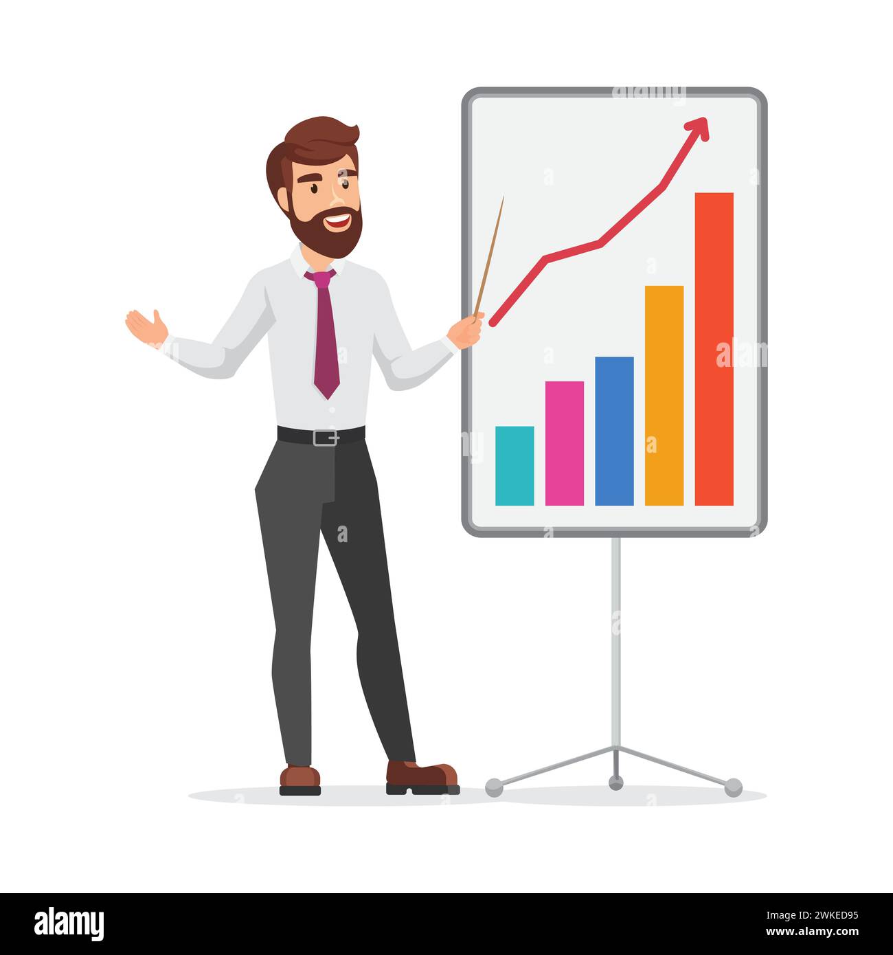 Lustiger glücklicher Geschäftsmann, der auf das Wachstum der Business-Chart auf Präsentationstafel-Vektor-Illustration zeigt Stock Vektor