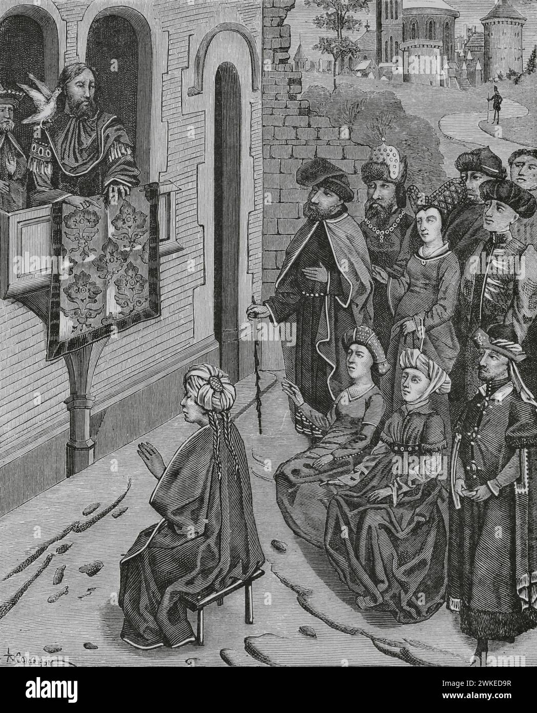 Vertreibung der Juden aus Judäa 135 n. Chr. durch den römischen Kaiser Hadrian nach der Niederschlagung der Bar Kokhba-Revolte. Der Versuch, die Juden zu vertreiben, wäre erfolglos. Wie Heraklius die Juden aus Jerusalem vertrieben hat. Faksimile einer Miniatur in „Histoire des Empereurs“, einem Manuskript aus dem 15. Jahrhundert. "Moeurs, usages et Kostüumes au moyen-âge et à l'époque de la Renaissance" von Paul Lacroix. Paris, 1878. Stockfoto