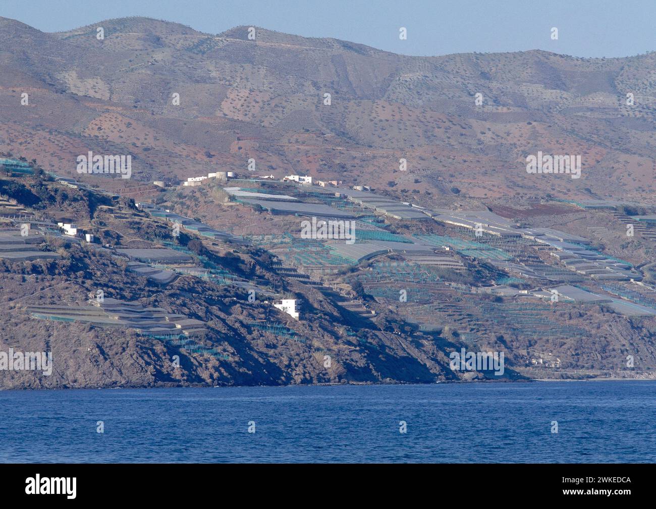 VISTA DE LAS MONTAÑAS CON CULTIVOS EN TERRAZAS JUNTO AL MAR. Lage: AUSSEN. Adrá. Almería. SPANIEN. Stockfoto