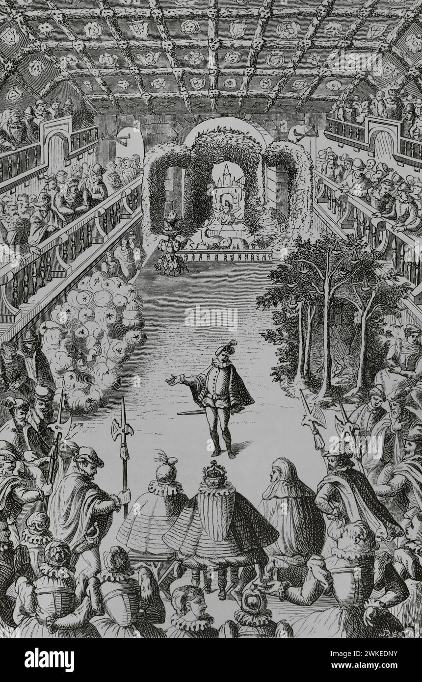 Frankreich, Paris. Aufführung eines Hofspektakels vor König Henri III. (1551–1589) und seinem Hof in der Galerie des Louvre am 15. Oktober 1581. Erste Szene des Balletts Comique de la Royne. Anlässlich der Hochzeit des Herzogs von Joyeuse mit Marguerite de Lorraine, der Schwägerin des Königs, arrangierte die Königin Mutter Catherine de' Medici eine aufwendige Aufführung unter der Regie des Choreographen Balthazar de Beaujoyeulx (ca. 1535 - ca. Nr. 1587). Faksimile eines Gravurs, der 1582 in Paris veröffentlicht wurde. "Moeurs, usages et Kostüumes au moyen-âge et à l'époque de la Renaissance" von Paul Lacroix. Stockfoto