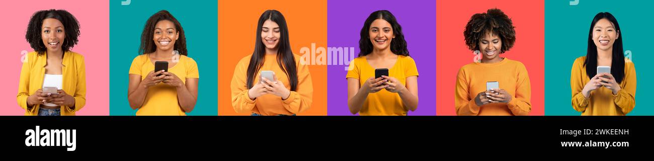 Verschiedene Gruppe von sechs jungen Frauen, die lächeln und Smartphones halten Stockfoto